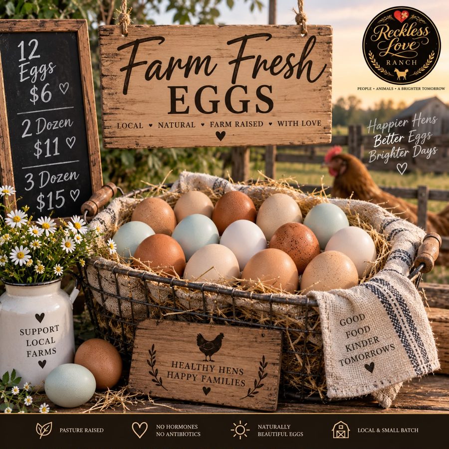 A wire basket of brown, cream, and blue farm fresh eggs from the Reckless Love Ranch hens